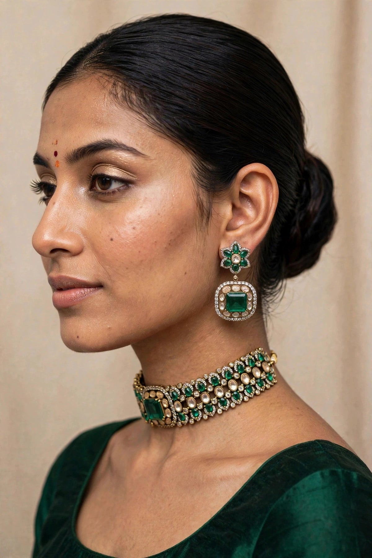 Model wearing Emerald Royale Polki Choker Set