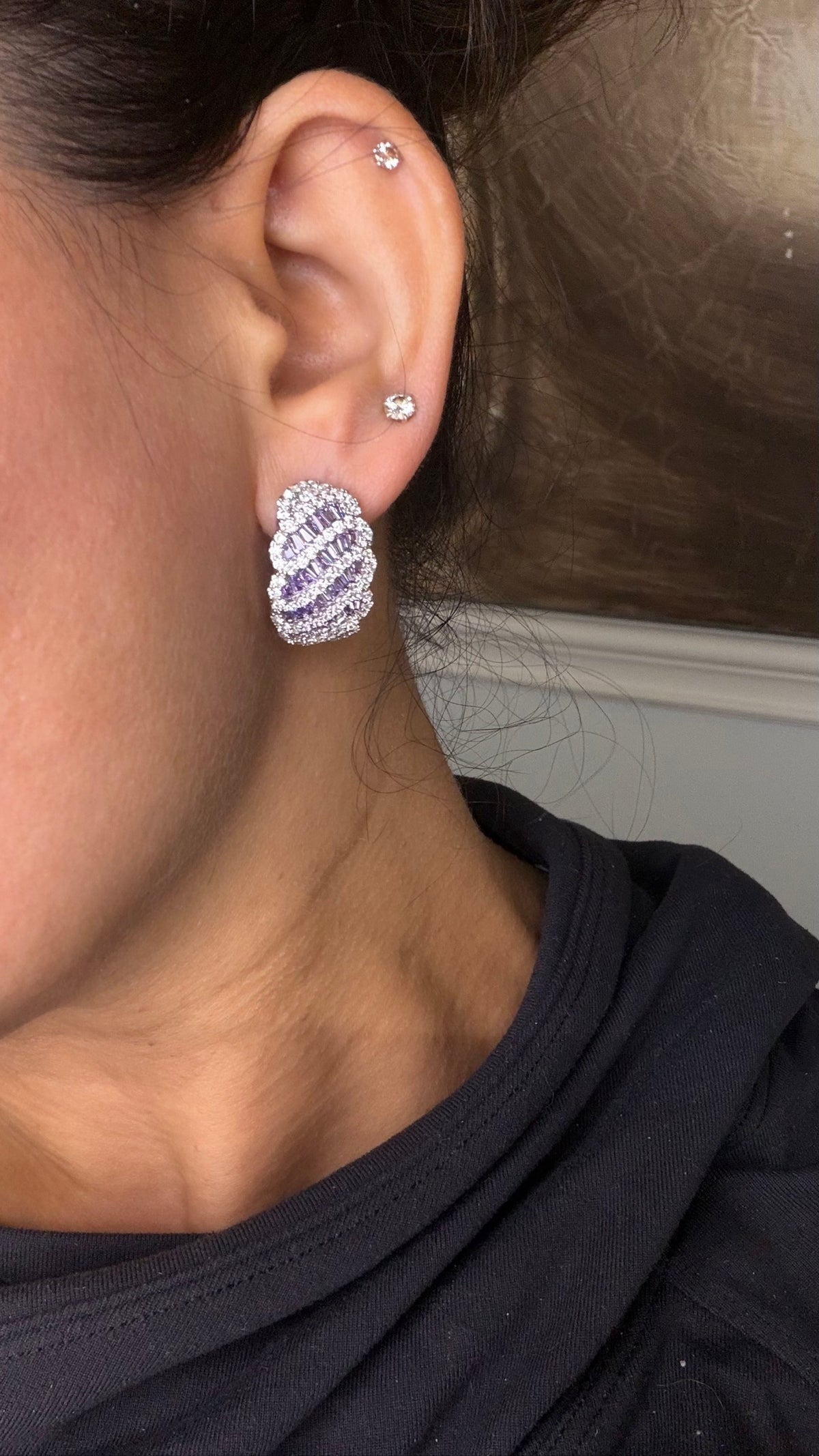 Baguette Twist Huggie Earrings, Violet, worn