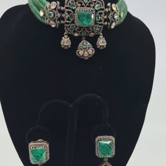 Mint Bead Polki Choker Set rotating on turntable
