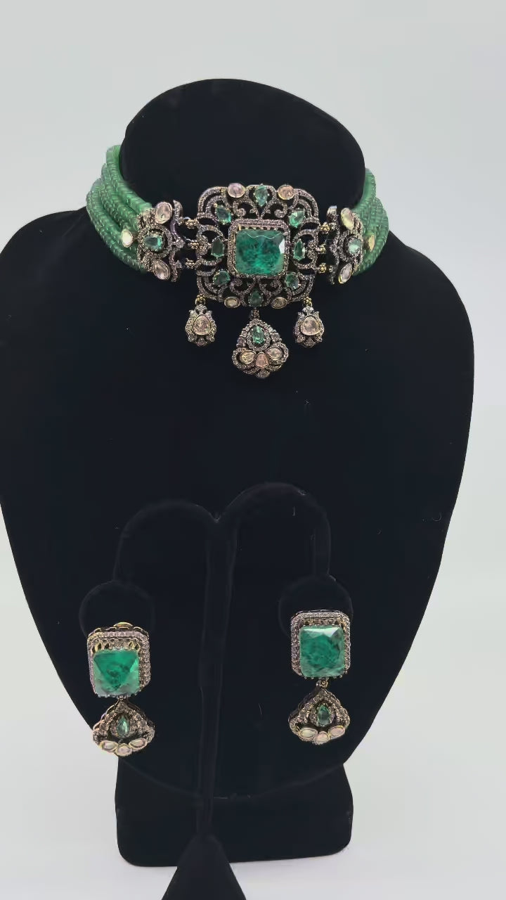 Mint Bead Polki Choker Set rotating on turntable
