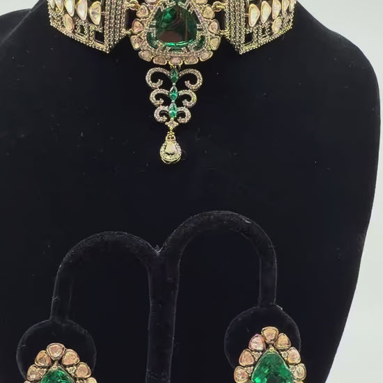 Emerald Lattice Polki Choker Set close-up showcase video