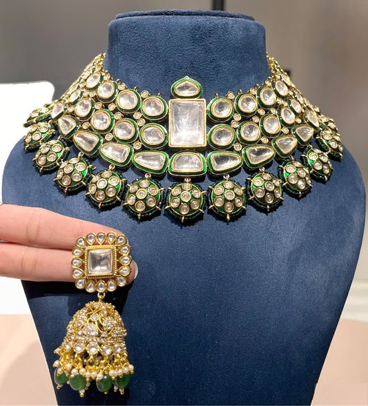 Emerald Enamel Polki Set necklace on bust with jhumka earring