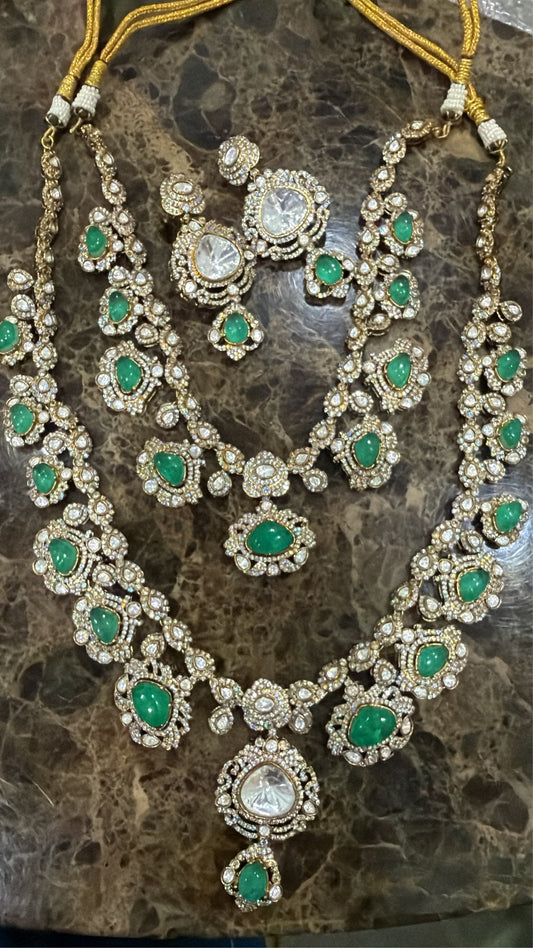 Emerald Duo Polki Set double-strand necklace and earrings